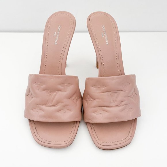 Louis Vuitton Revival Mule Monogram Heel Padded Heels Sandals Natural Nude Beige - Picture 2 of 16
